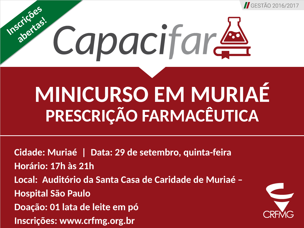 Inscrições abertas para minicurso de Prescrição Farmacêutica em Muriaé!